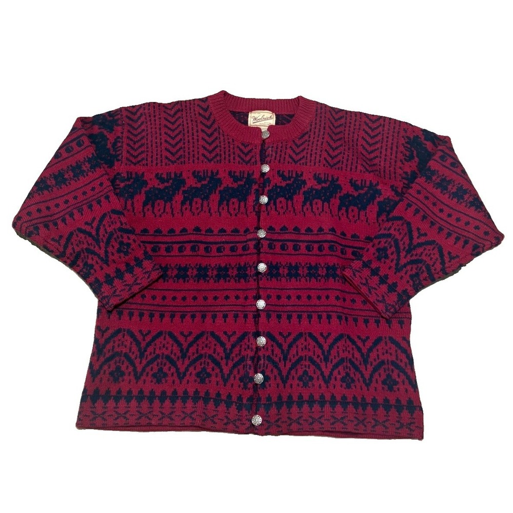 VTG Woolrich Womens M Shetland Wool Nordic Moose Button Cardigan Holiday Sweater